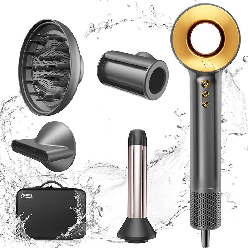 LettreQ Hair Dryer, 1400W Professional Ionic Hair Dryer with Diffuser, Anti-Flight Flyaway Attachment, Hair Curling Attachment, Nozzle, Waterproof Handbag, Fast Drying, for Home Travel Salon (E)