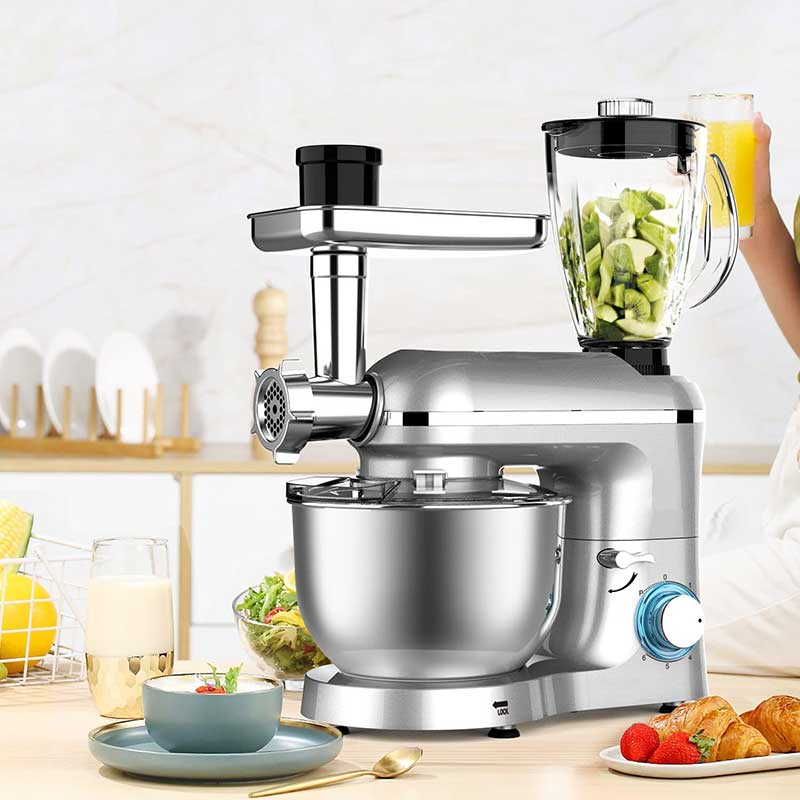 Nurxiovo 3 in 1 Stand Mixer, 850W 6.5QT Kitchen Food Mixer with Tilt-Head 6 Speed, Electric Standing Mixers with Dough Hook, Whisk, Beater, Meat Blender and Juice Extracter, Silver